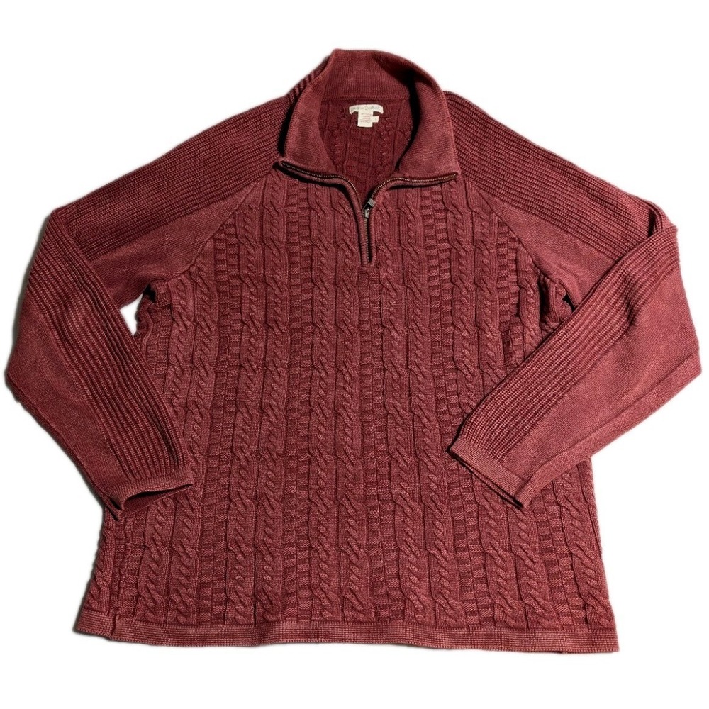 Carbon2Cobalt Mens Large Quarter Zip Sweater Cable Knit Pullover Cotton Burgundy